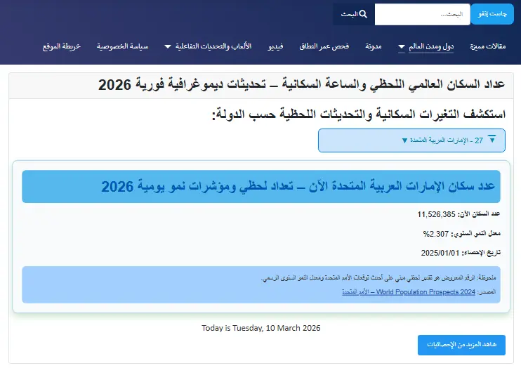 Live population counter for the United Arab Emirates on the Arabic platform