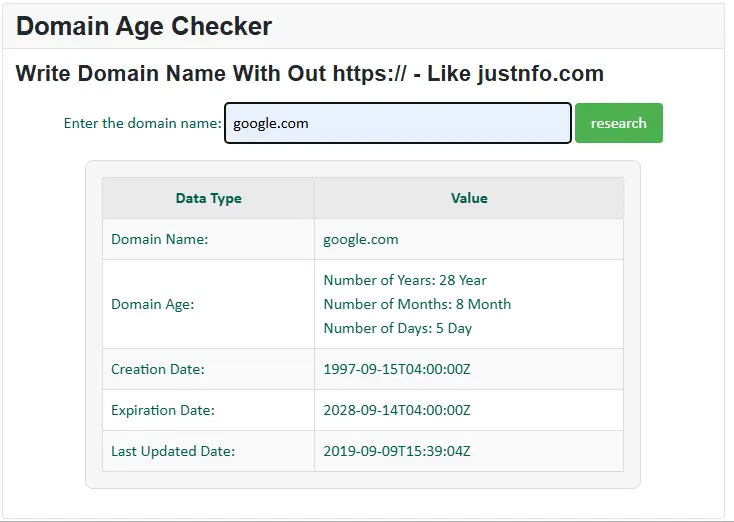 The English results page displaying domain registration details, creation date, and domain age information for SEO and website analysis purposes.