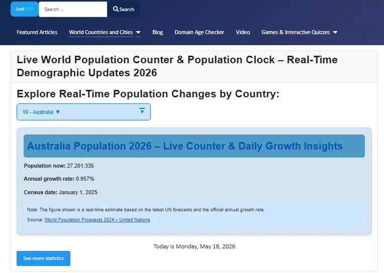Live population counter for Australia on the English platform