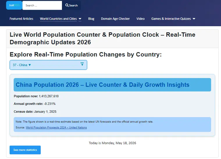 Live population counter for China on the English platform