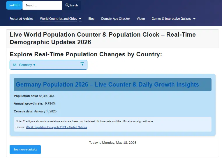 Live population counter for Germany on the English platform