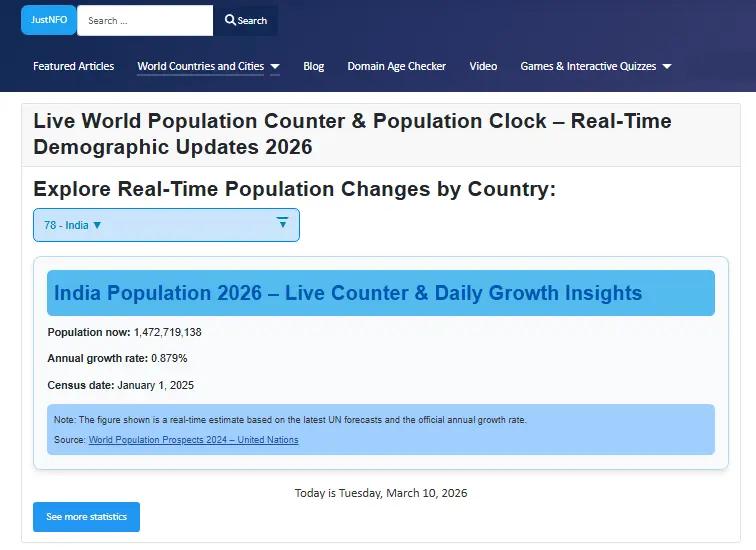 Live population counter for India on the English platform