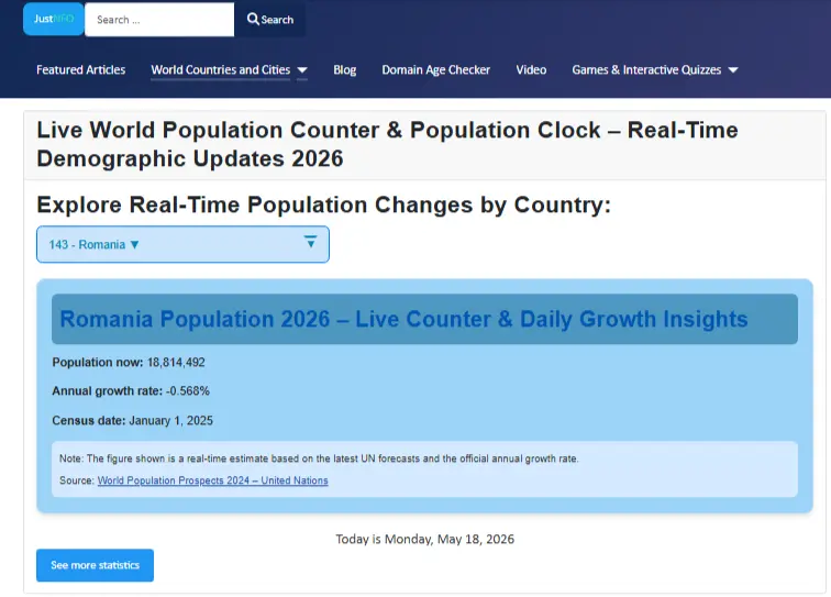 Live population counter for Romania on the English platform