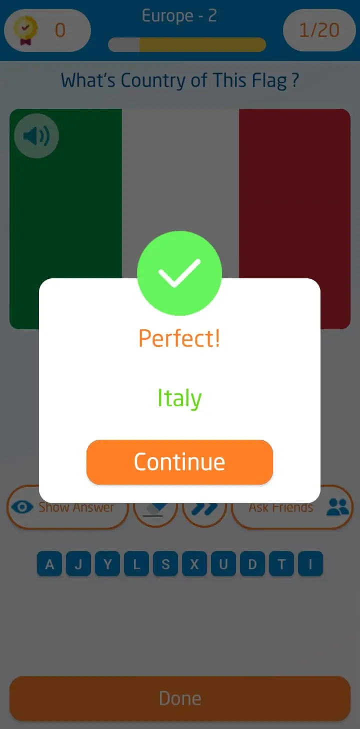 Progress and gameplay interface of the Flags quiz game