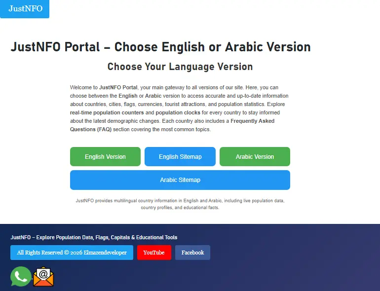 Language selection portal for the JustNFO multilingual website in English and Arabic