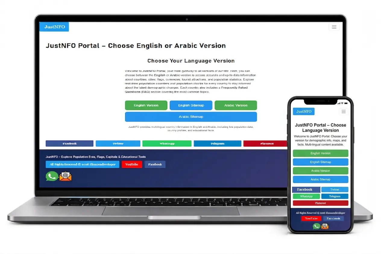 JustNFO multilingual platform homepage with English and Arabic portal access