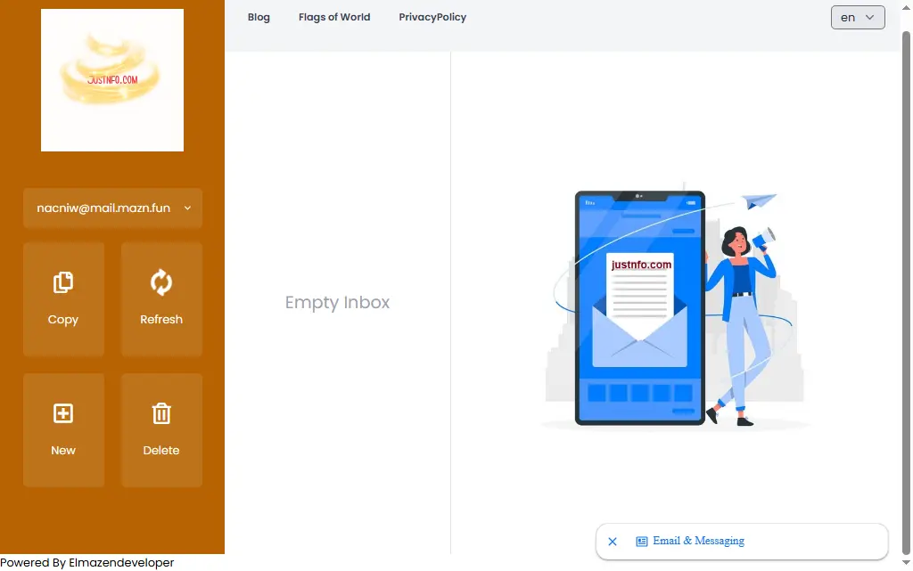 A newly created temporary email address displayed to the user, ready to receive incoming messages without requiring registration.