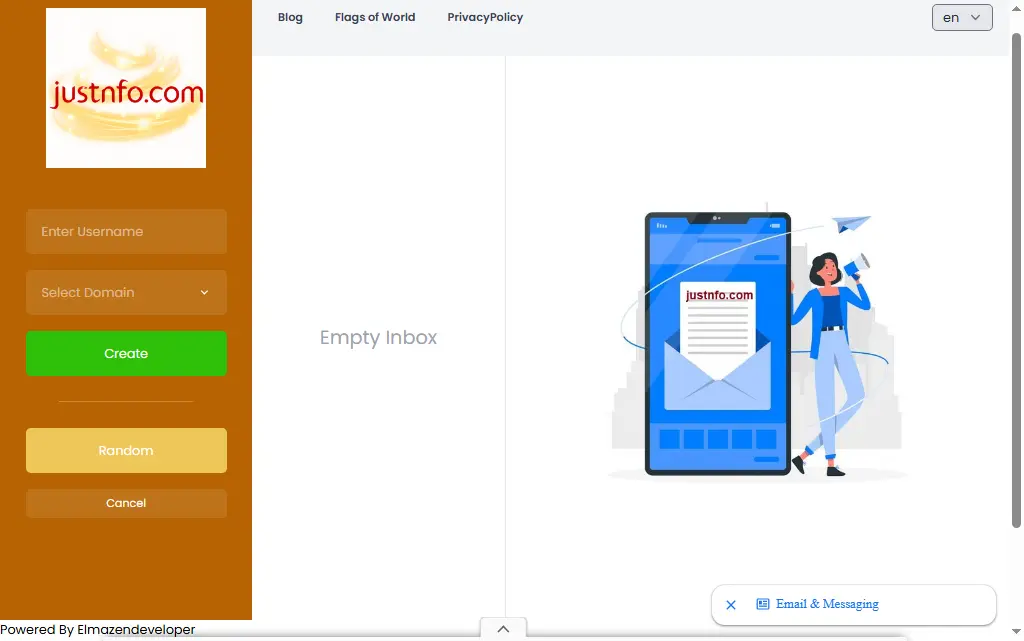 The main interface where users can instantly generate a disposable temporary email address for private and secure online usage.