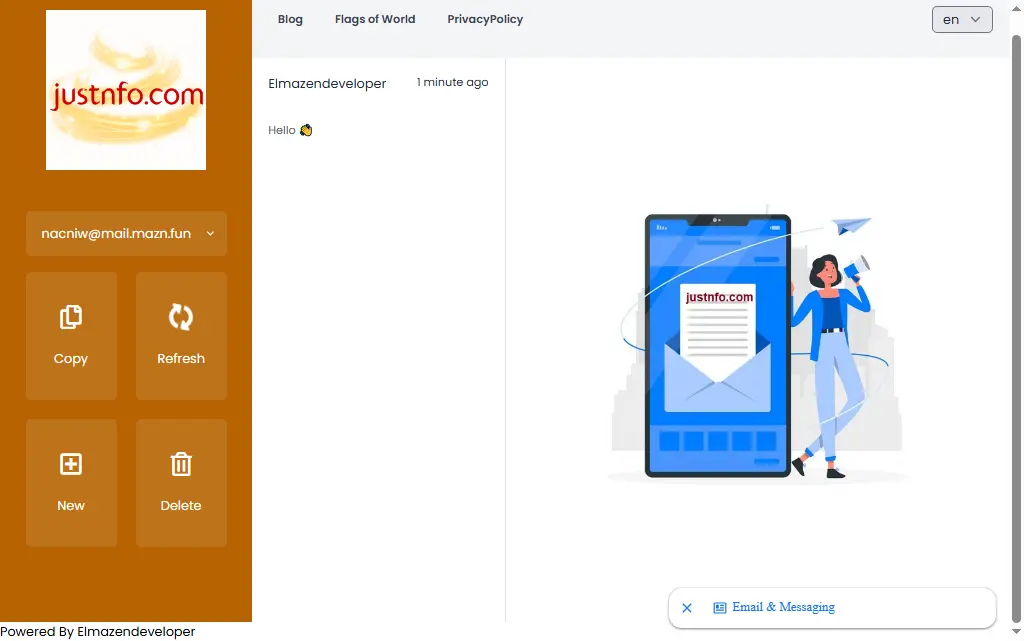 The inbox interface showing received emails in real time within the temporary email system.