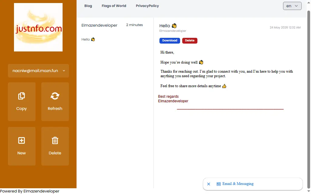 A detailed view of an opened email message inside the temporary inbox system, demonstrating real-time email reception functionality.
