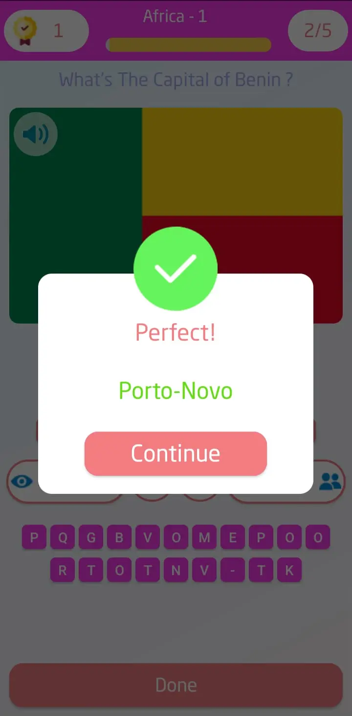 User progress interface in the world capitals quiz game