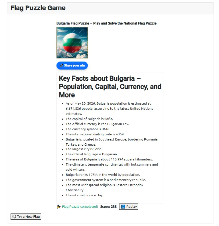 Final result screen showing the completed Bulgarian flag along with educational facts and country information revealed after gameplay completion.