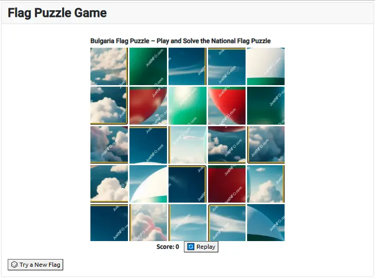 The initial puzzle state showing scrambled pieces of the Bulgarian flag before solving.