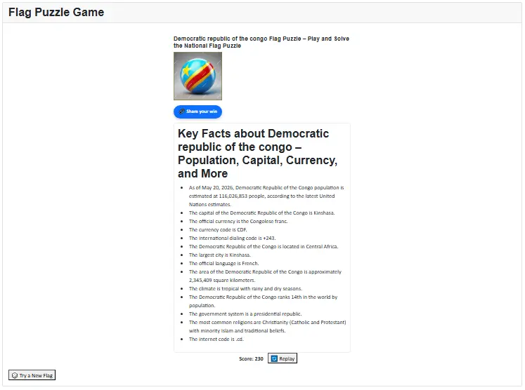 Final game screen showing the completed flag alongside educational country facts and information revealed after solving the puzzle.