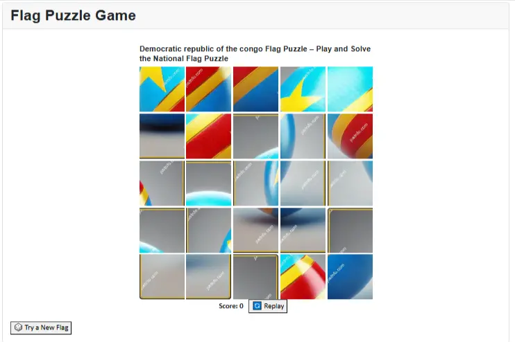 The initial gameplay screen showing the scrambled flag pieces of the Democratic Republic of the Congo before the puzzle is solved.